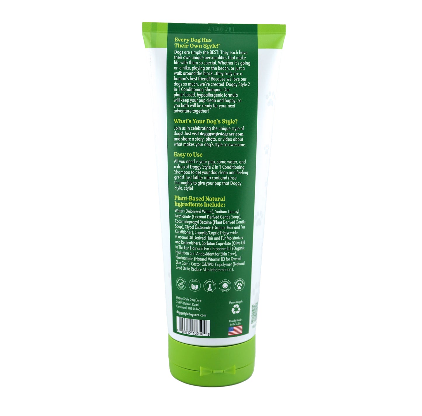 Doggy Style Dog Care 2-in-1 Conditioning Shampoo view from the back with ingredients and usage instructions.