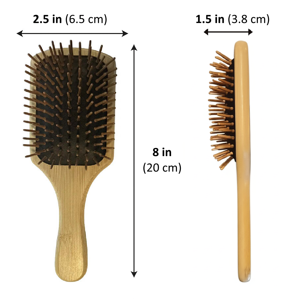 Wooden hairbrush with measurements on a white background
