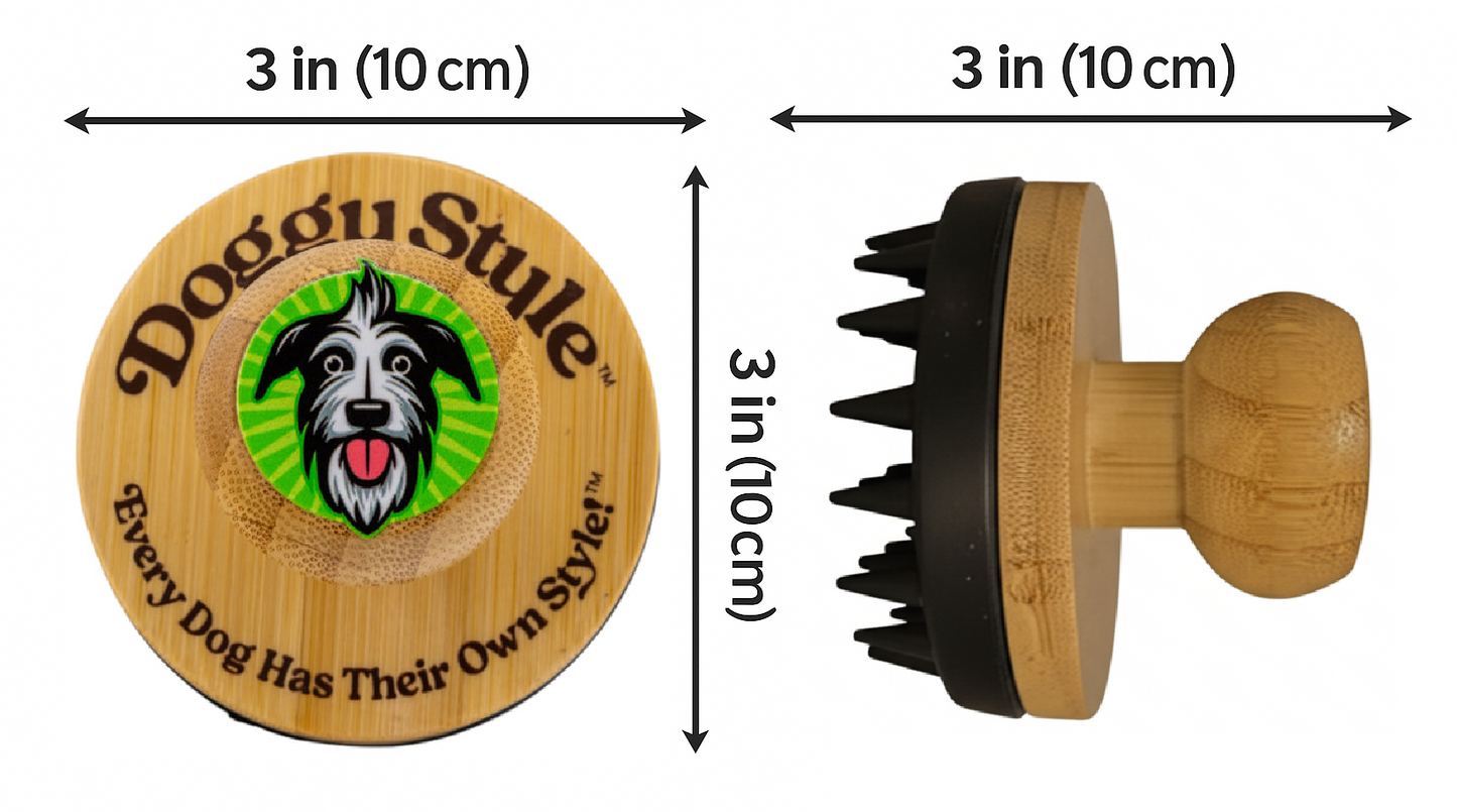 Wooden product with 'Doggy Style' branding and measurements on a white background