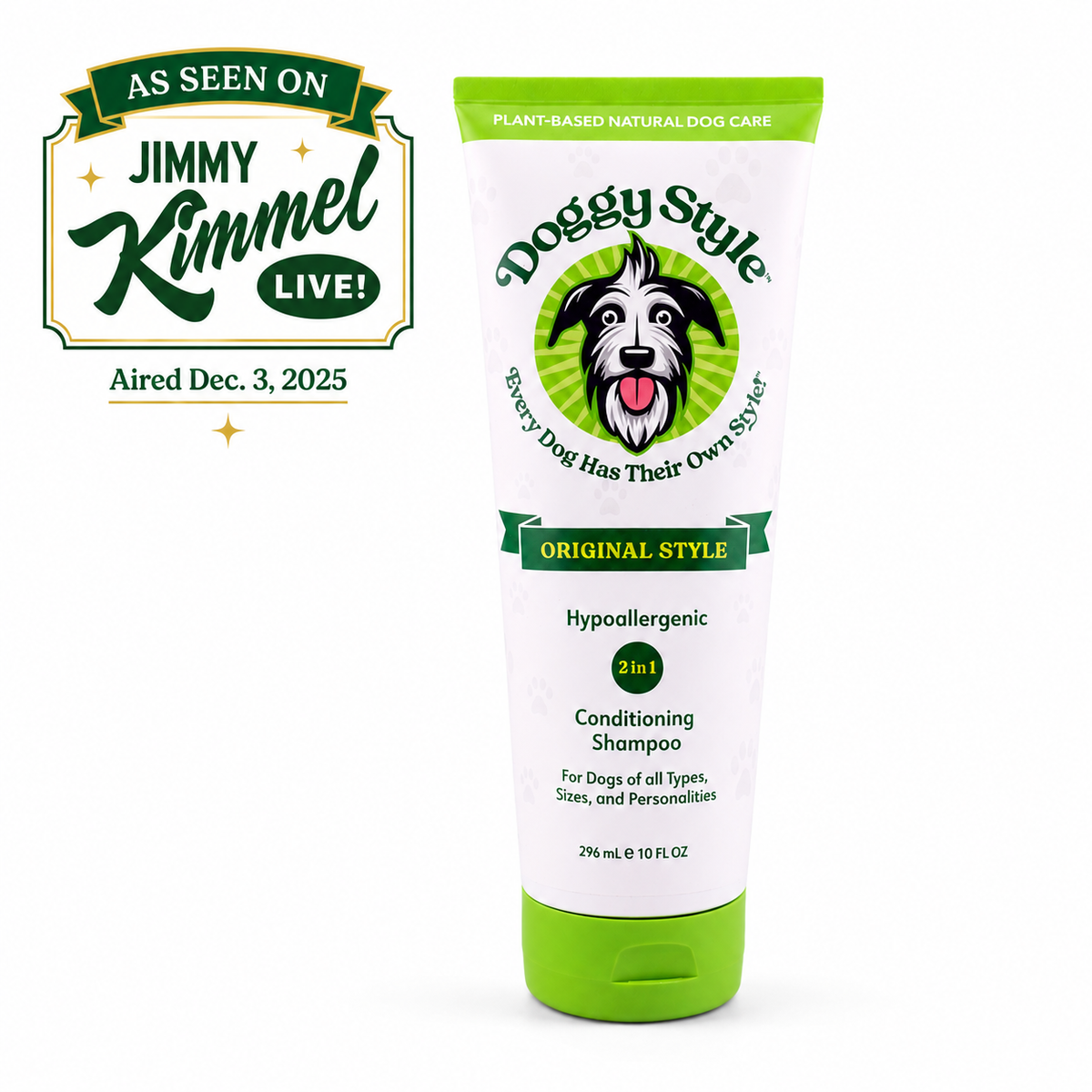 Doggy Style 2-in-1 Shampoo tube with an As Seen On Jimmy Kimmel Live badge, aired Dec. 3, 2025