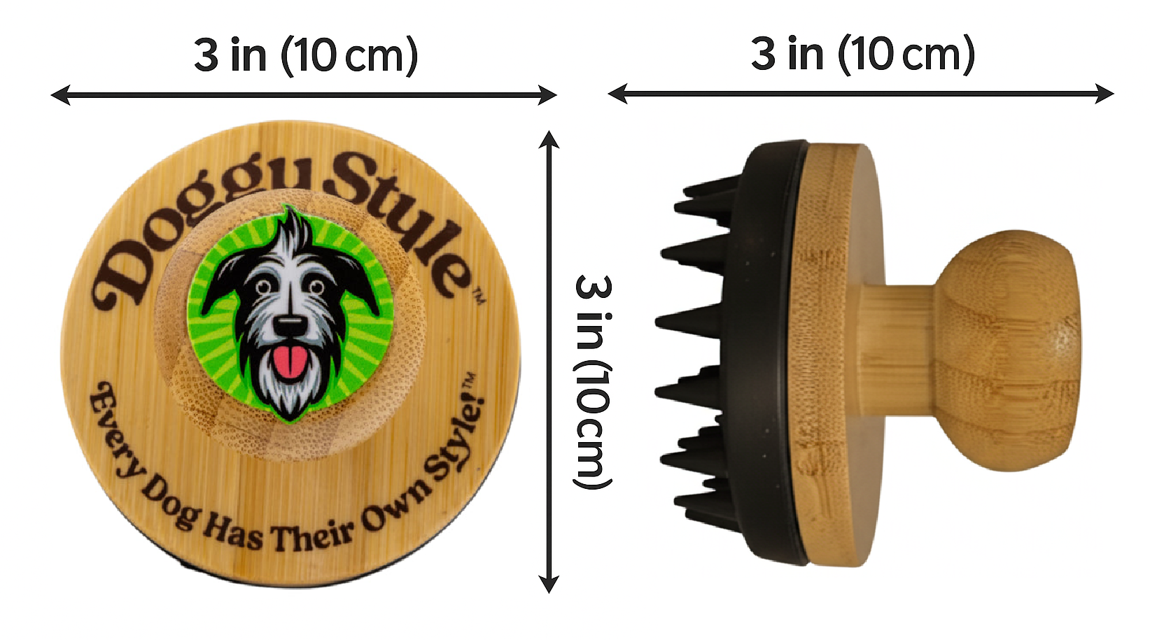Wooden product with 'Doggy Style' branding and measurements on a white background