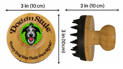 Wooden product with 'Doggy Style' branding and measurements on a white background